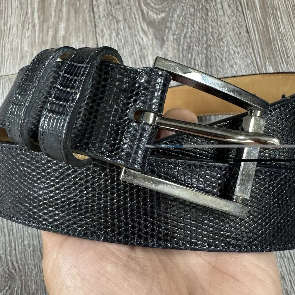 Mens genuine lizard exotic Belt black 38 made spain mezlan nickel buckle loops